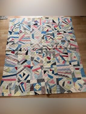 Antique Primitive Farmhouse Cotton “Crazy” Quilt 73x62